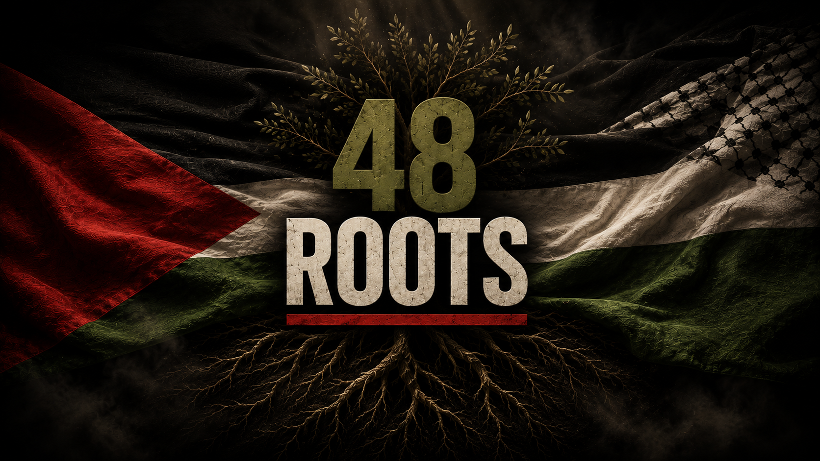 48 ROOTS cover artwork with Palestinian flag, roots, and olive branches